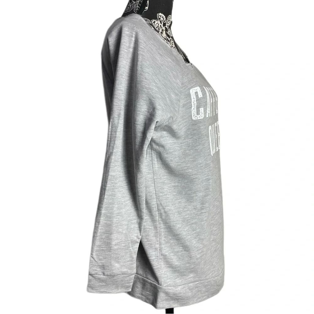 NWT Thread Tank Designs Gray Graphic Long Sleeve Sweatshirt Caffeine Queen print - Picture 2 of 8